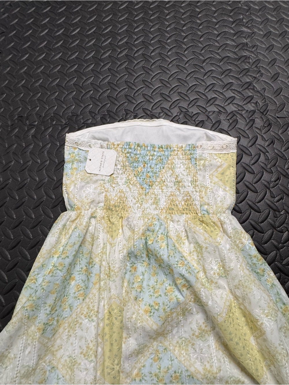 Altar’d State Floral Strapless Mini Dress Eyelet Lace Yellow Blue XS - Picture 12 of 13